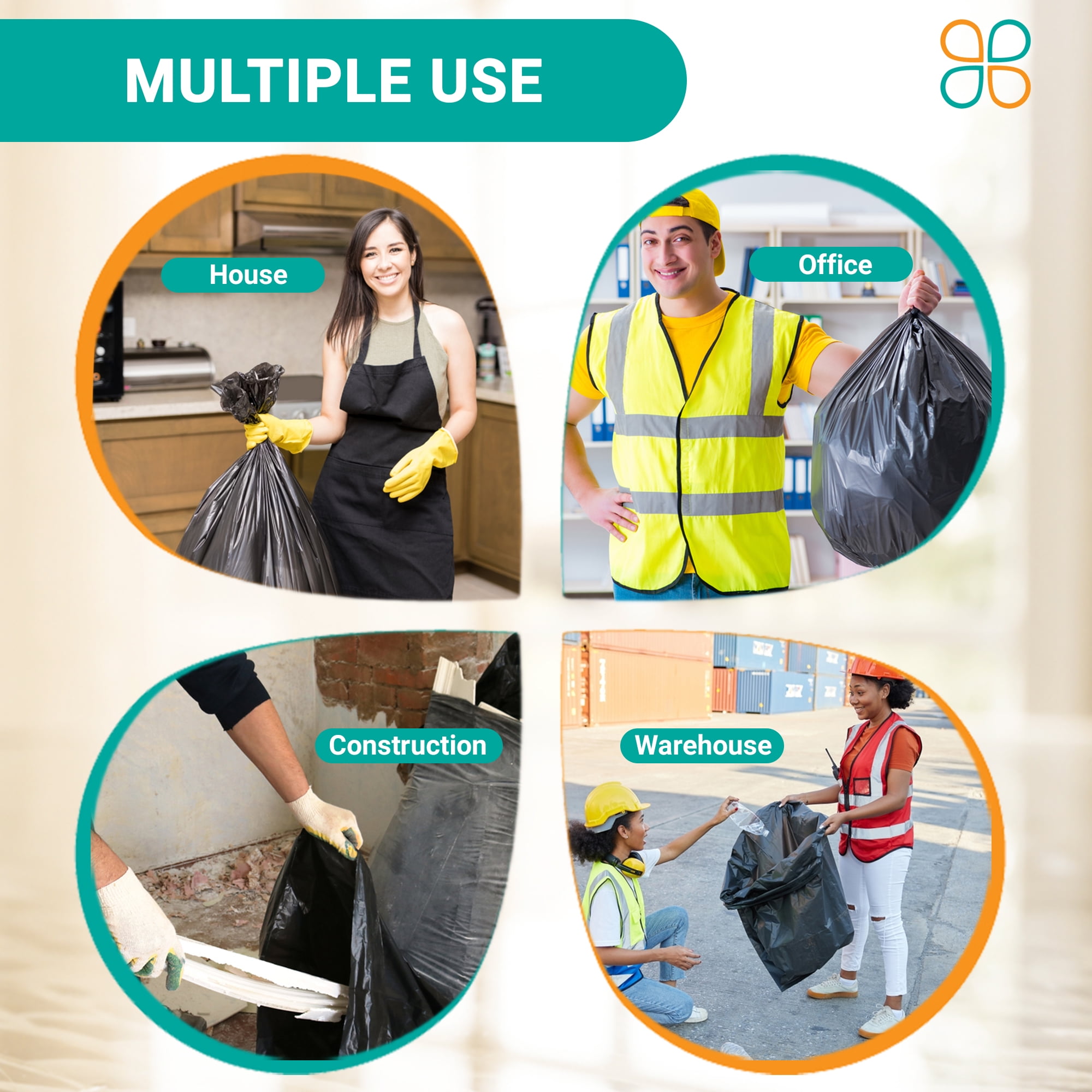 PlasticMill 65 Gallon, Black, 1.5 Mil, 50x48, 100 Bags/Case, Garbage Bags / Trash Can Liners.