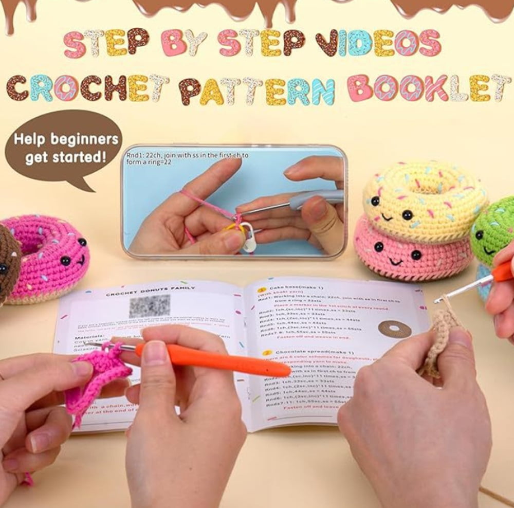 Donut Family Crochet Kit for Beginners, 6-Pack Amigurumi Starter Set with Step-by-Step Video Tutorials, DIY Craft Gift, TIKA