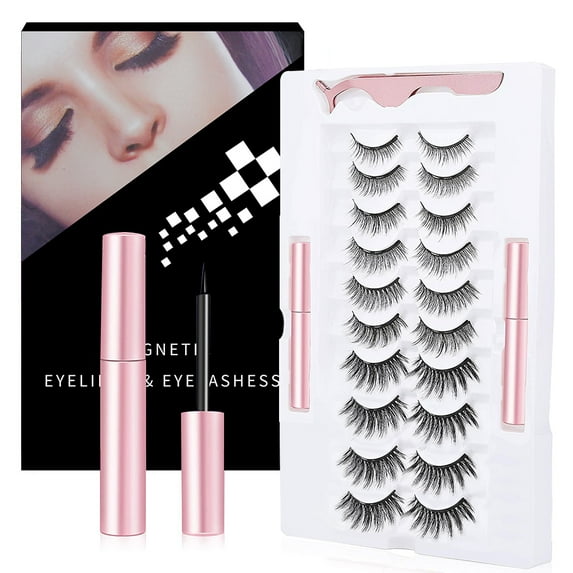 10 Pairs Eyelashes And Eyeliner + Tweezer Set, Natural Look & Reusable False lashes