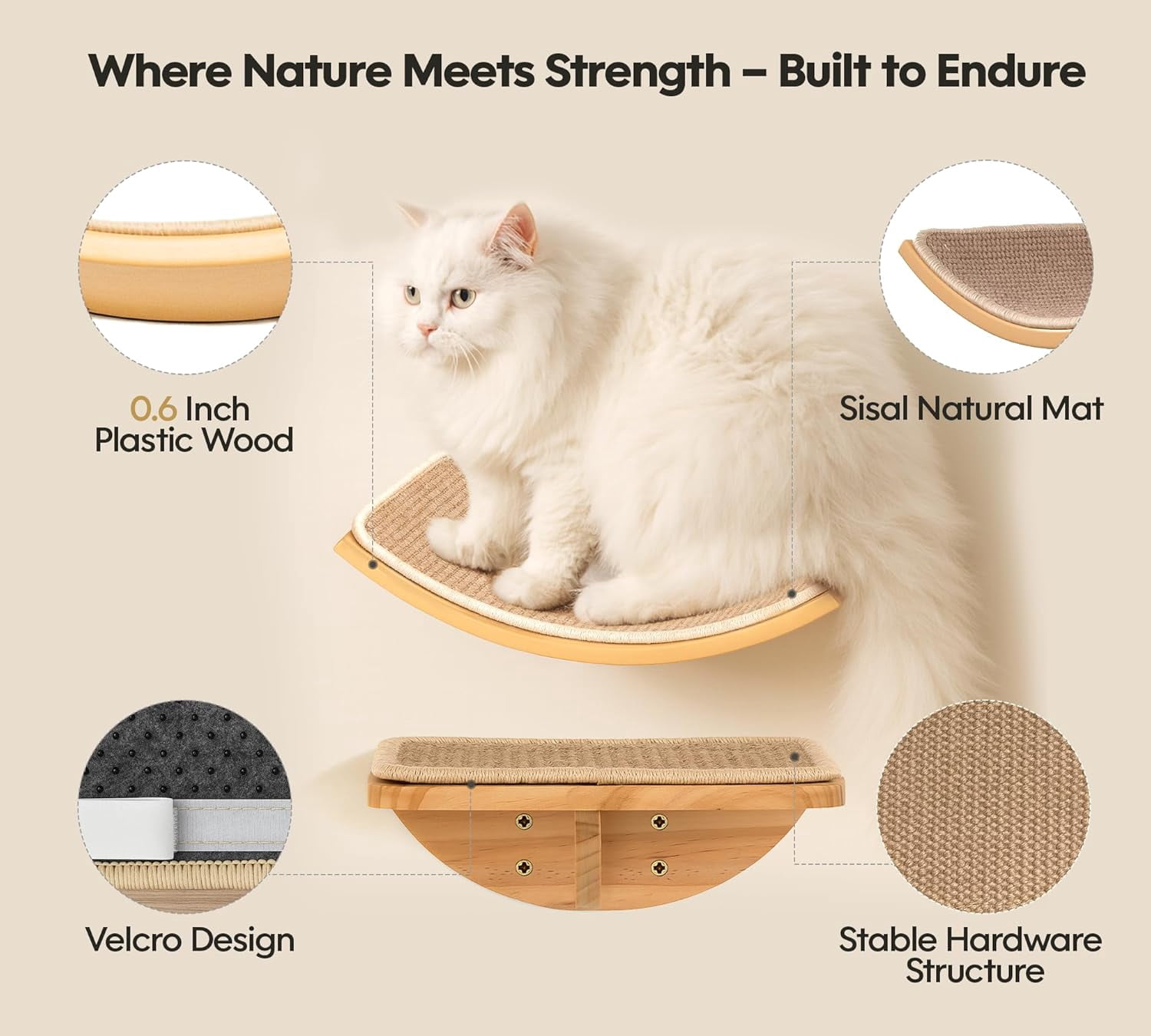 Peluomoz Curved Wood Cat Wall Perch – Wall-Mounted Floating Indoor Platform with Sisal Mat (Sleeper & Climb Shelf)