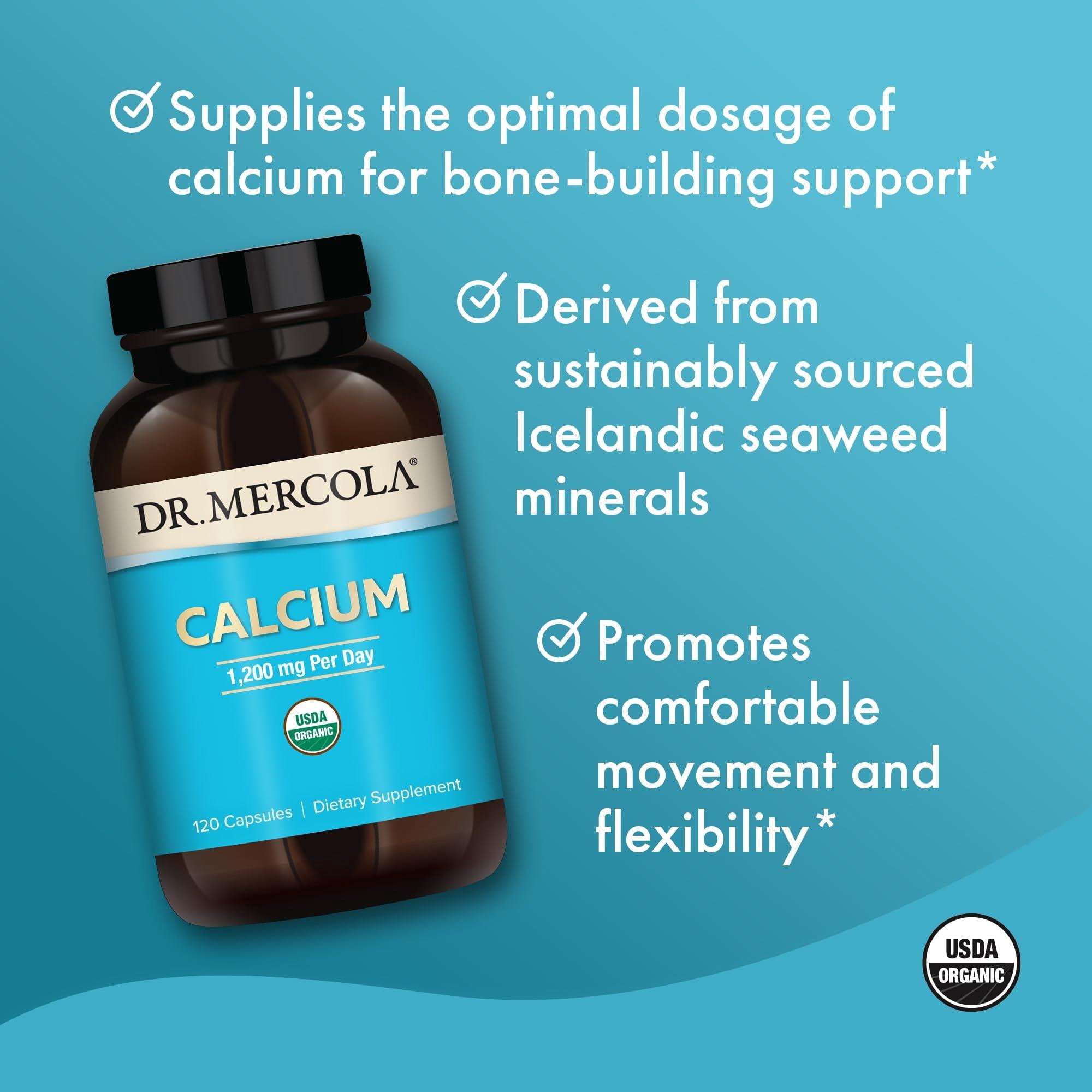 Dr. Mercola Organic Calcium, 1200 mg, 30 Servings (120 Capsules), Dietary Supplement, Certified USDA Organic, Non-GMO