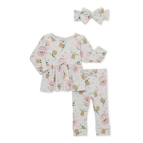Star Wars The Mandalorian Baby Yoda Baby Girls Peplum Ribbed Top, Leggings and Headband Outfit Set, 3-Piece, Sizes 0/3-24 Months