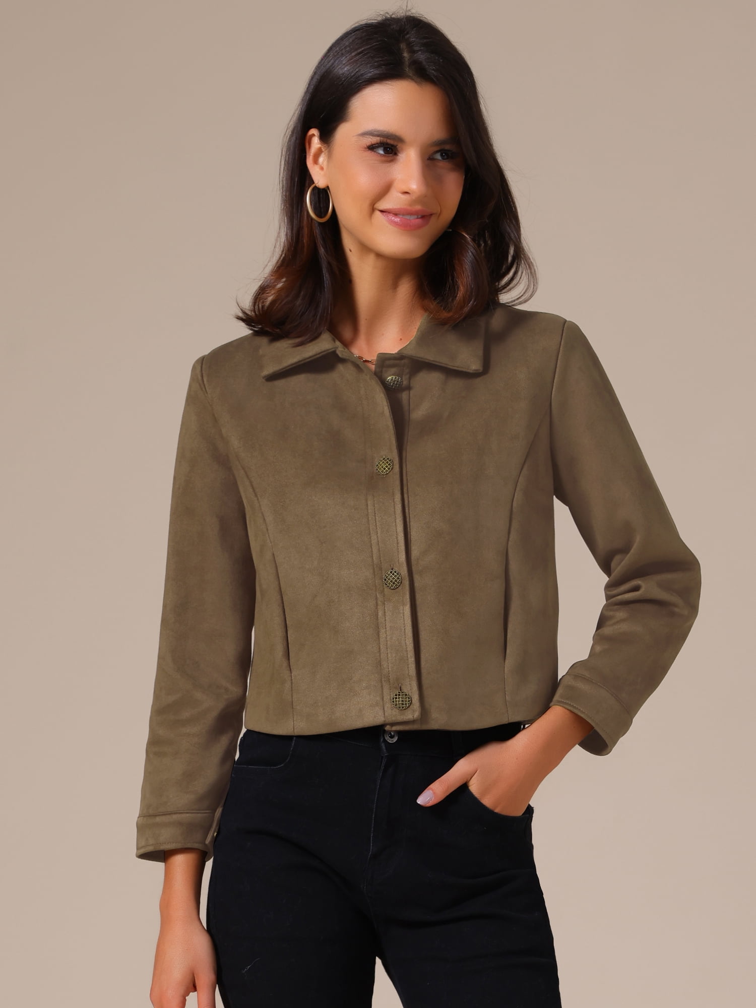 DARING DIVA Women's Faux Suede Long Sleeve Button Down Short Jacket Coat M Brown