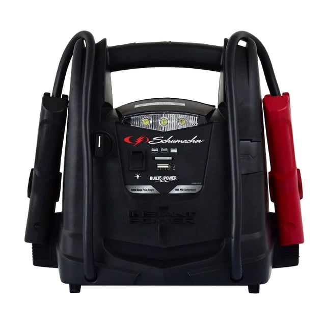 Schumacher Electric SJ1330 Estación de energía portátil 4 en 1 y arrancador auxiliar con compresor de aire de 150 PSI y luz LED 1000 amperios máximos 12 voltios negro 1 unidad