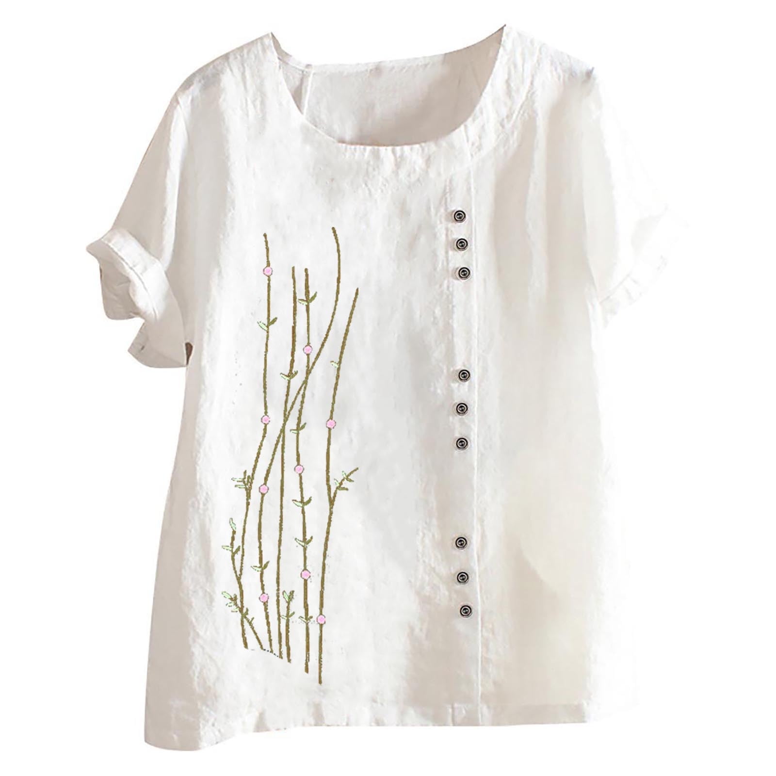 Womens Cotton Linen Jacquard Blouses Top Short Sleeve T-Shirt Casual Summer Boatneck Comfy Plus Size Loose Blouses 