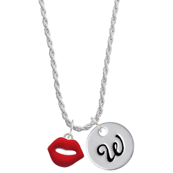 Delight Jewelry Silvertone Red Lips Silvertone Script Initial Disc - W - Charm Necklace, 20"+3"