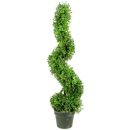 Topiary Tree With Lights Admired by Nature 3' Aritificial Boxwood Leave Spiral Topiary Plant Tree in Plastic Pot, Green ()