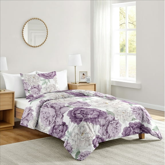 Sweet Jojo Designs Peony Floral Garden Lavender Purple and Ivory Twin Bed Comforter Bedding Set Girl