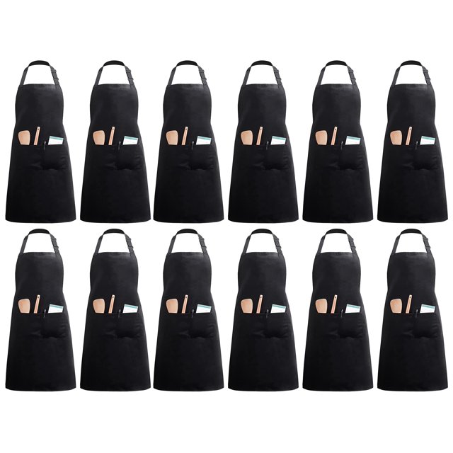 12 paquetes de delantales de cocina con 2 bolsillos, delantales de cocina ajustables para el hogar para mujeres y hombres (poliéster negro)