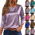 thumbnail image 3 of Women's Round Neck Three-Quarter Sleeve Satin Blouse, Dressy 3/4 Long Sleeve Shirt, Business Casual Outfit Tops for Women,Gray,M, 3 of 7