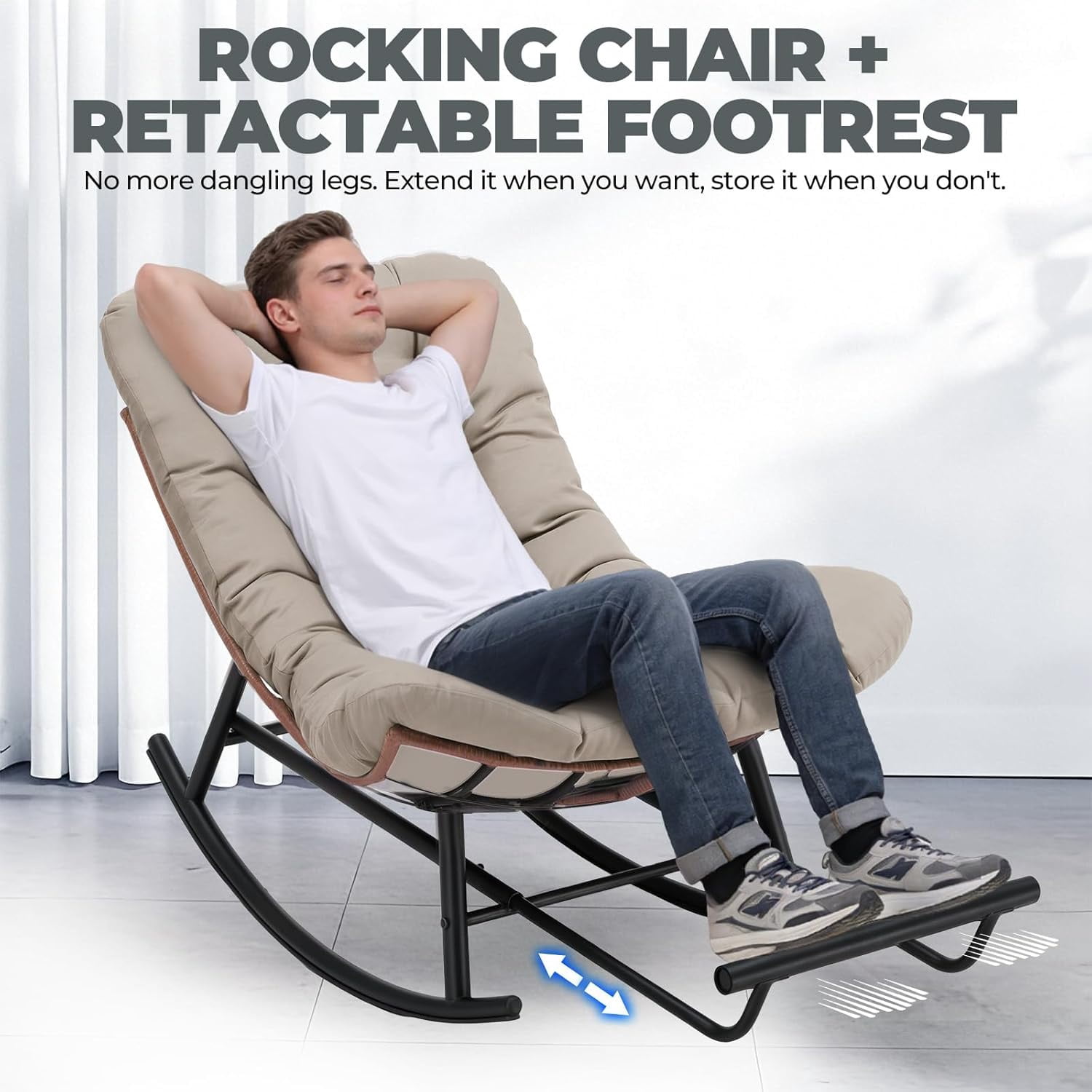 CLOUDREST PRO Outdoor Rocking Chair, Oversized Papasan Rocking Chair with Thick Cushion, Indoor Outdoor Cozy Rocker for Balcony, Living Room, Patio, Brown