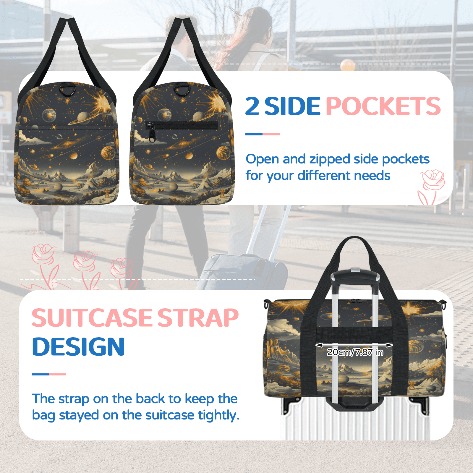 Herdesigns Galaxy Star Gym Bag for Women, Duffle Bag for Travel Sport, Outer Space Lightweight Waterproof Carry on Weekender Dance Yoga Workout Bags