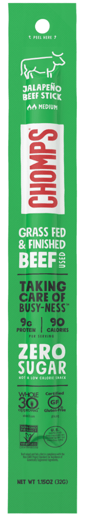 Chomps Grass Fed Beef Jerky Sticks, Jalapeno Beef, High Protein, Gluten Free, Sugar Free, Whole 30 Approved, 1.15oz