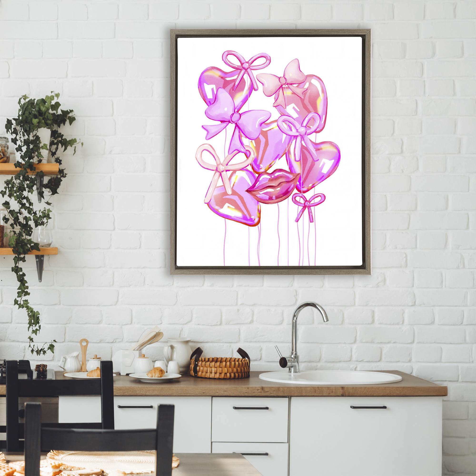 Pink Heart and Bow Balloons Brown Framed Floater Canvas Wall Art, design by Ziwei Li