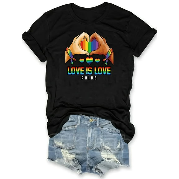 Women's Black Pride Graphic T-Shirt - "Love is Love" Rainbow Heart Design, 95% Polyester 5% Spandex, Regular Fit Short Sleeve Casual Top for Casual Attire & Pride Events