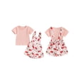 thumbnail image 3 of Aojekbee Toddler Girl Summer Outfit Solid Color Ribbed Short Sleeve Tops and Flower Print Suspender Shorts Overalls 2Pcs Clothes Set, 3 of 10