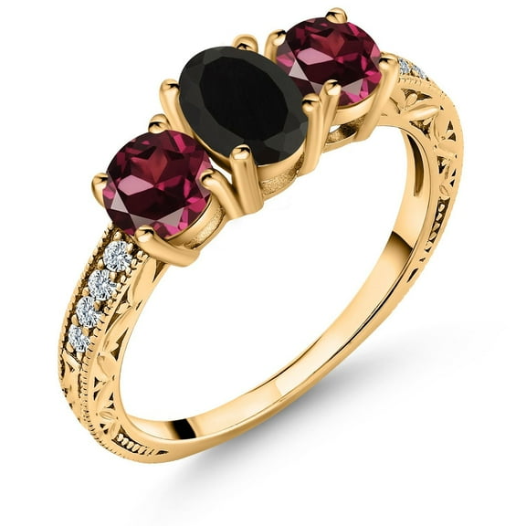 Gem Stone King 18K Yellow Gold Plated Silver Black Onyx Red Rhodolite Garnet Women Ring (2.12 Cttw, Gemstone Birthstone, Size 8)