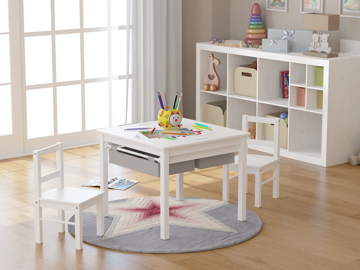 UTEX Wooden 2 In 1 Kids Construction Play Table and 2 Chairs Set with Storage Drawers and Built in Broad, White