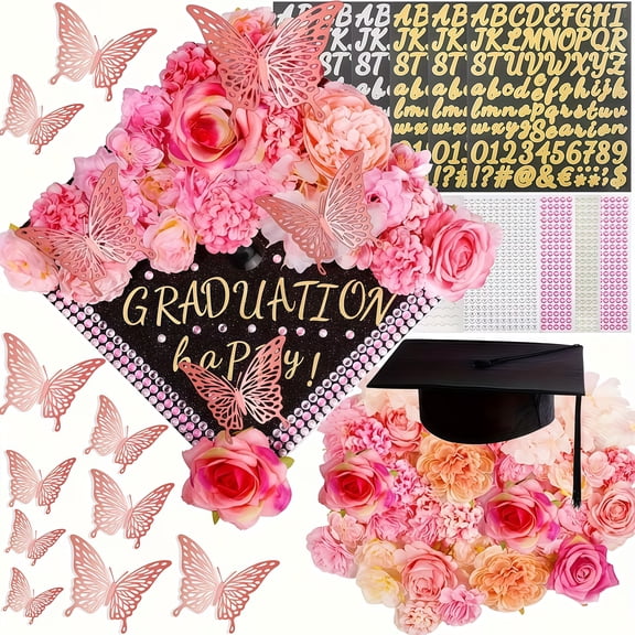 Miguan 59Pcs Pink Graduation Cap Decorations Grad Cap Topper Decorations kit Faux Flowers 3D Butterfly Stickers Rhinestones Stickers for Cake Photo Art DIY Graduation Party Supplies