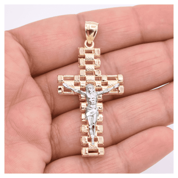 2" Diamond-Cut Rlx Railroad Jesus Pendant Unisex Adult 10K Yellow White Gold, 3.55 Gr - Goldum NYC