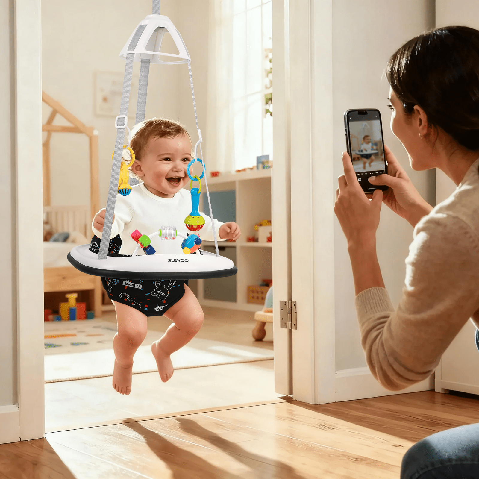 Slevoo Baby Doorway Jumper Baby Bouncer with Bumper, Two Jingle Rattles & Play Tray, Quiet Bear