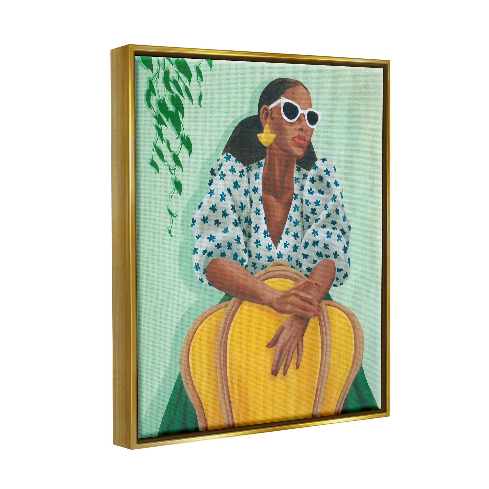 Stupell Stylish Woman Trendy Portrait Beauty & Fashion Painting Gold Floater Framed Art Print Wall Art