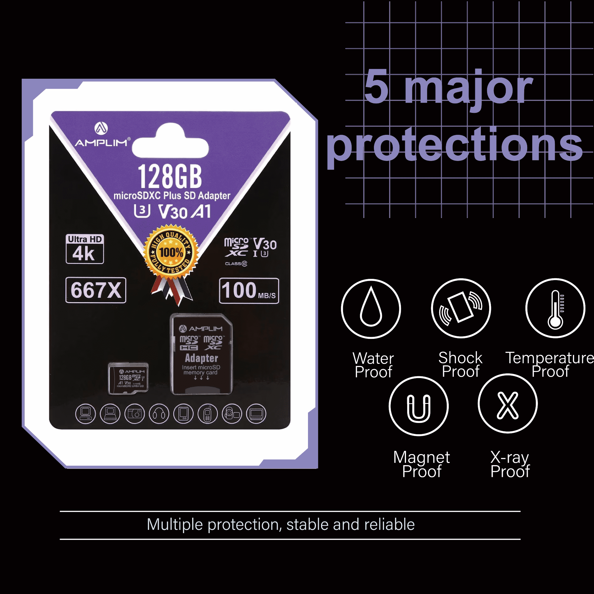 Amplim 128GB Micro SD Card, Extreme High Speed MicroSD Memory Plus Adapter, MicroSDXC SDXC U3 Class 10 V30 UHS-I TF GoPro Hero, Surface, Phone Galaxy, Camera Security Cam, Tablet