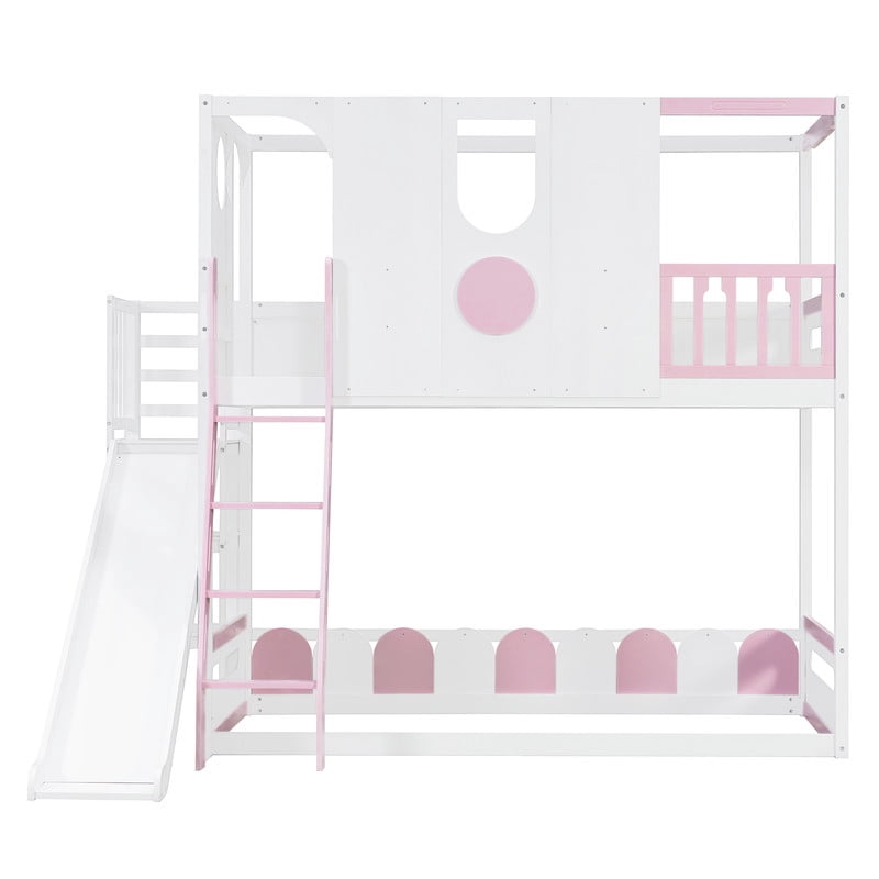 Twin Size Versatile Kids Loft/Bunk Bed with Floor Bed, House Bed Frame with Slide, Storage Shelves and Guardrails