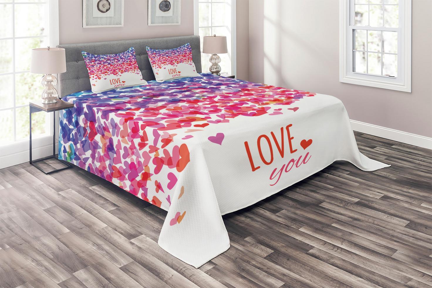 Love Coverlet Set King Size, Hearts and Love You Message Romantic Valentine's Day Inspired