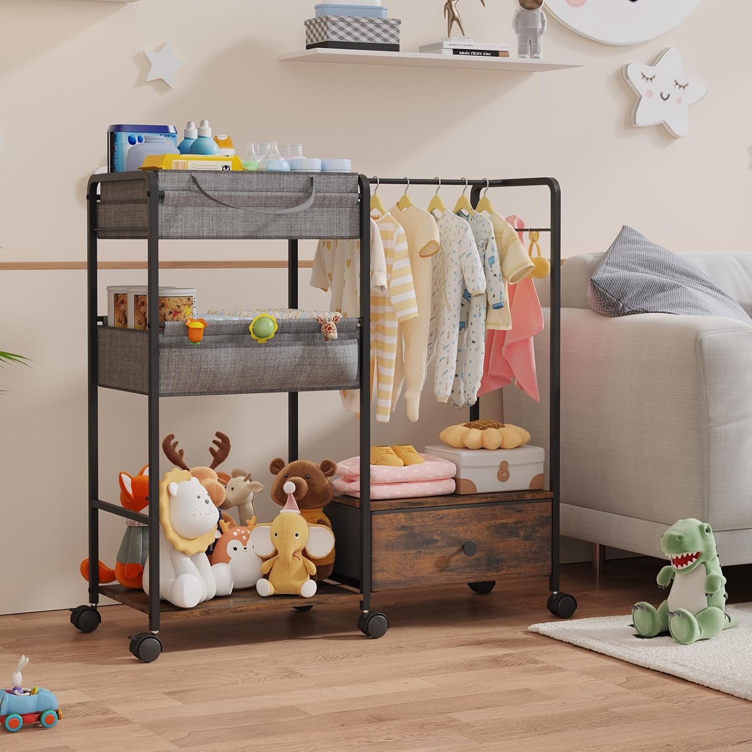 3in1 Diaper Caddy Organizer - Diaper Caddy & Rolling Diaper Cart with Kids Clothing Rack for Nursery and Baby Essentials, Multi-Function Utility Cart for Bedroom and Bathroom, Black&Brown
