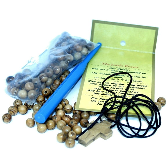 Knotting Threading tool with 60 olive wood beads (8mm) and an Olive wood Cross package