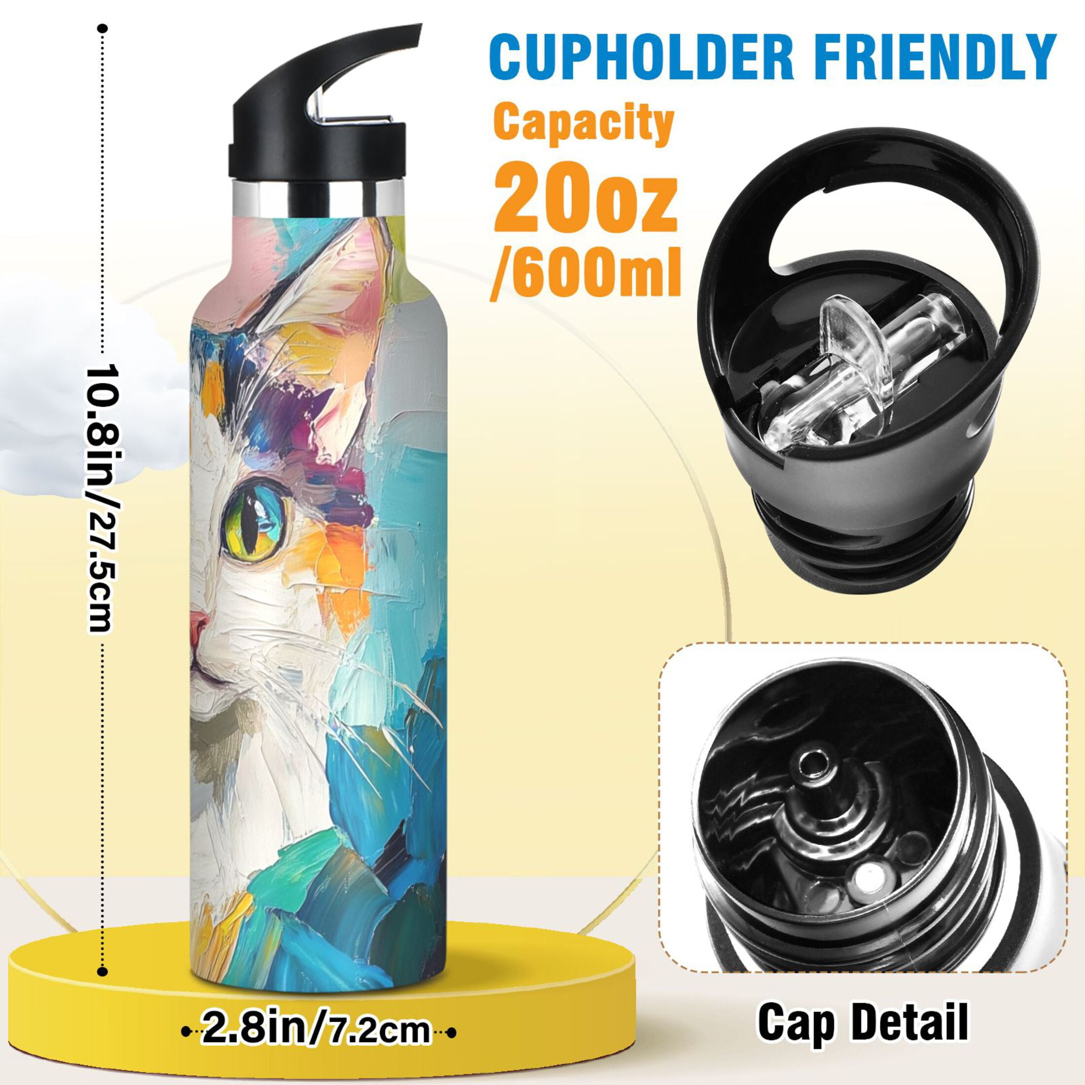 600ML Stainless Steel Insulated Cup Sports Water Bottle Portable Thermos Cup Water Glasses Insulated Tumblers Convenient and Durable Cute Cat in Oil Painting