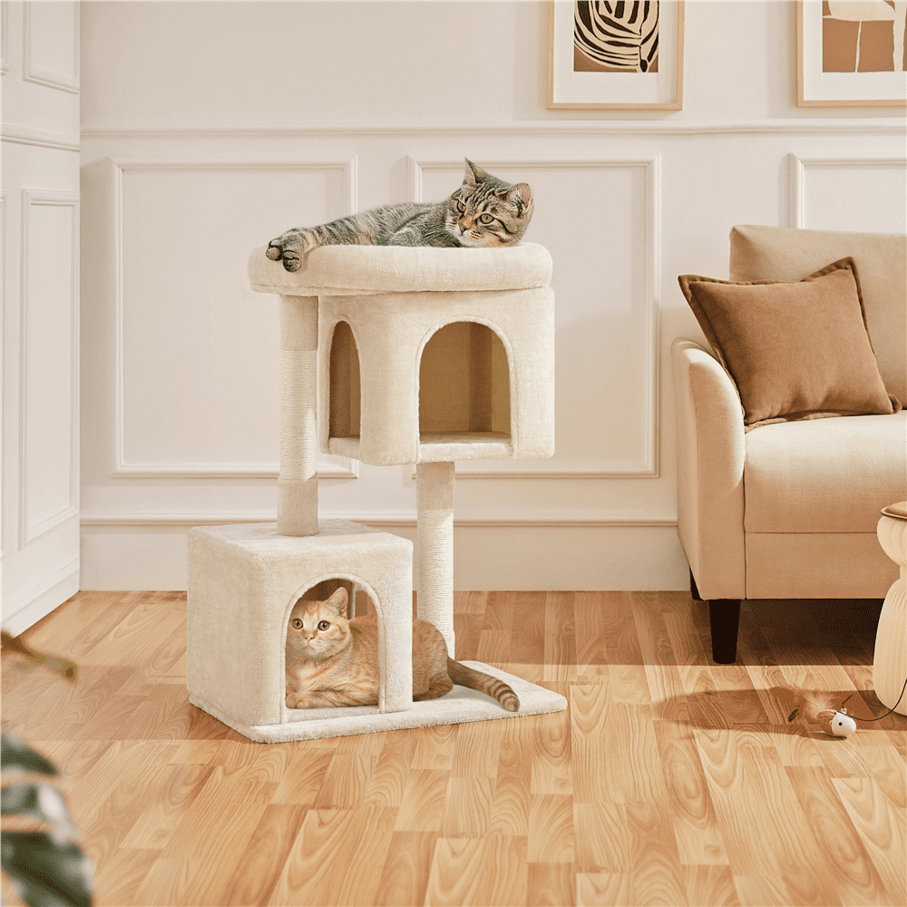 Alden Design 33.5"H Multilevel Plush Cat Tree with Scratching Posts Basket, Beige