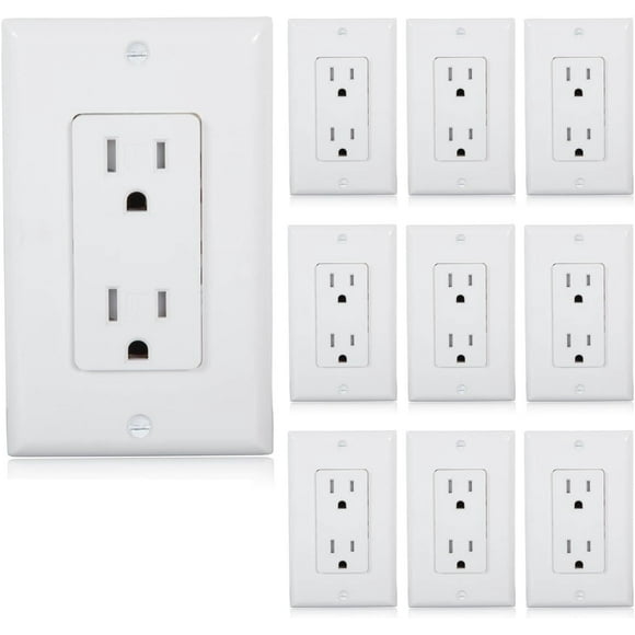 Tamper Resistant Duplex Receptacle - Standard Decorative Electrical Wall Outlet 15A, Contractor Pack, Wall Plates Included - White - 10 Pack