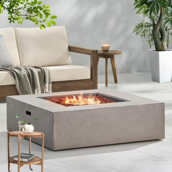 Concrete Outdoor Propane Fire Pit Table - 50,000 Ignition Weatherproof Square Propane Gas Fire Table - (Tank cover not included)