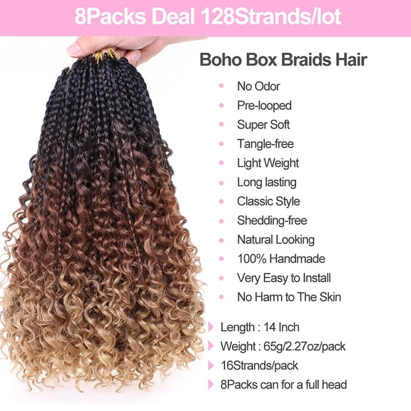 WEIF-Unionbeauty 8 Packs 14 Inch Boho Box Braids Crochet Hair with Curly Ends Bob Bohemian Hippie Braids Pre-looped Messy Goddess Box Braids Hair Ombre Synthetic Braiding Hair Extension for Black