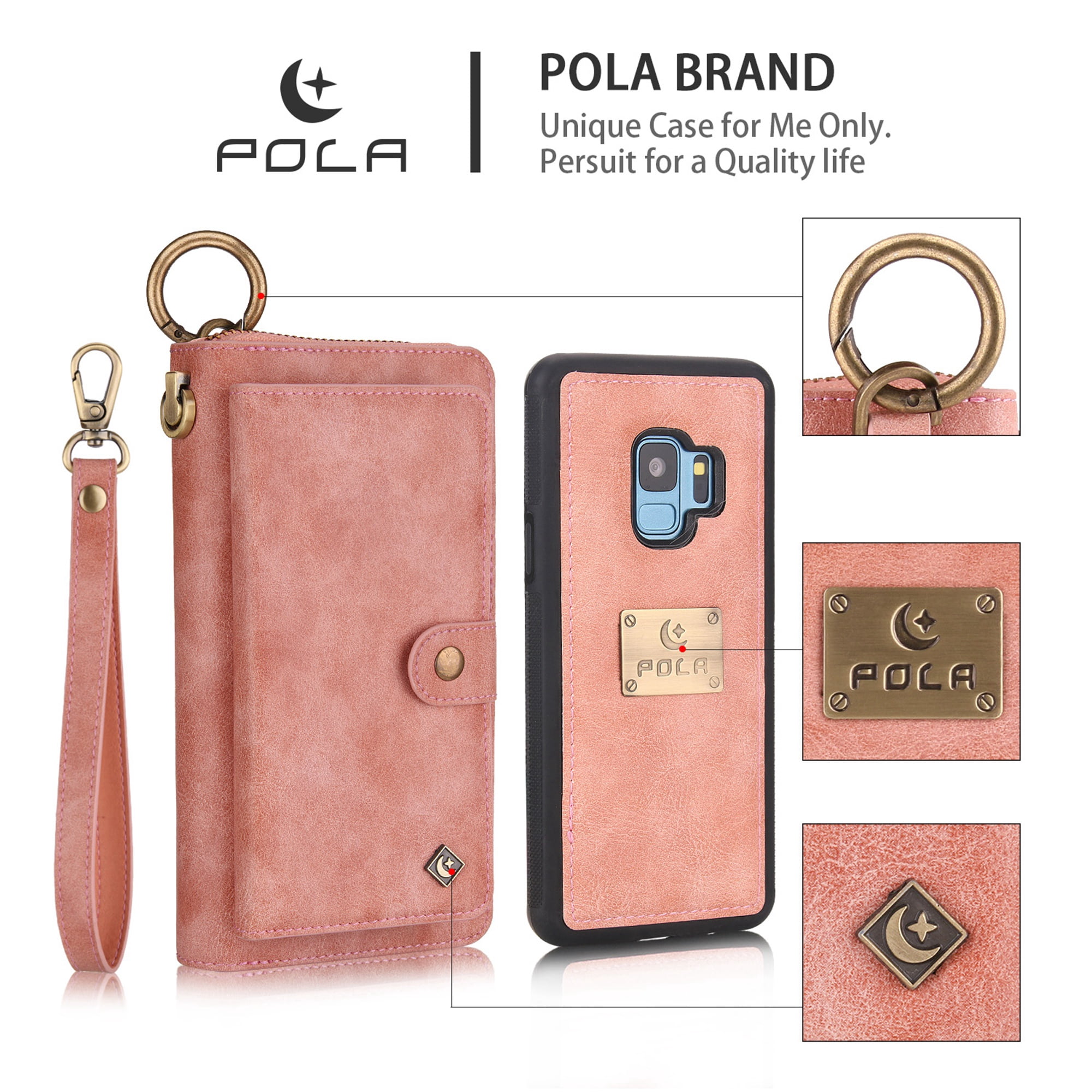 Galaxy S9 Wallet Detachable Case, Dteck [wrist band][14 Card Slots] Zipper Purse Phone Case Multi-functional Folio Flip PU Leather Removable Magnetic Back Cover For Samsung Galaxy S9,Pink