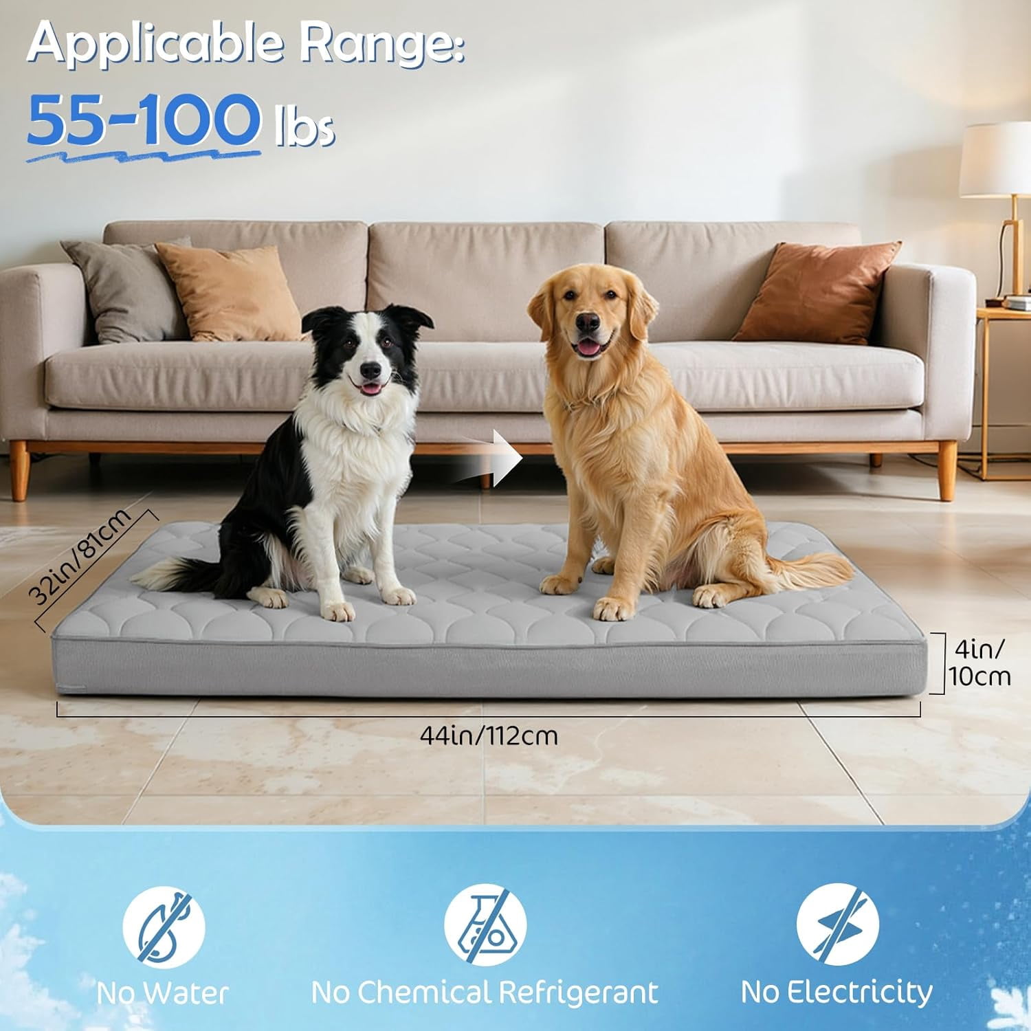 Tivray Cooling Dog Bed, 44" x 32" Orthopedic Dog Beds Large Sized, Waterproof Self-Cooling Pet Mat for Summer with Removable Washable Cover, Gray