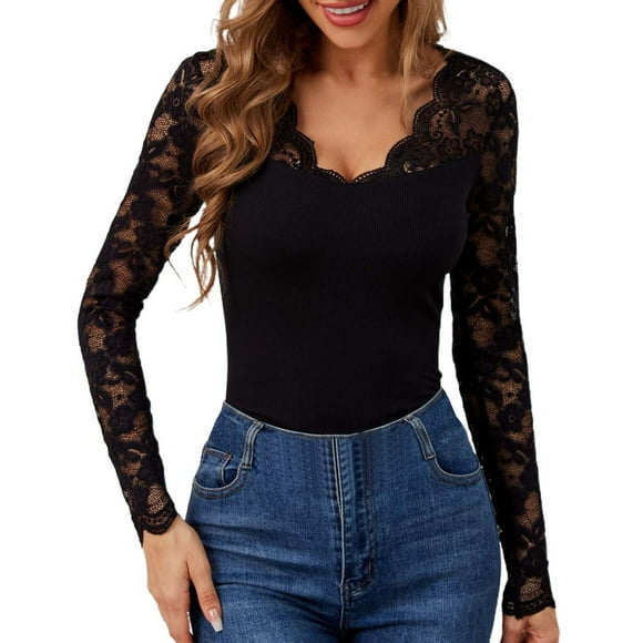 SNKSDGM Long Sleeve Shirts for Women Pack V Neck Slim Fit Long Sleeve T Shirt for Women with V Neck Lace Panel Design Elegant Floral Trim Stylish and Comfortable Top Xxl