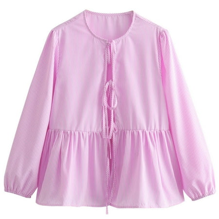 Cute Tops for Women Teens Puff Long Sleeve Striped Shirts Lace-Up Tie Front Babydoll Top Casual Spring 2025 (S  Pink)
