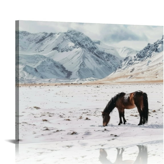 Creowell Horse Snow Mountains Canvas Print Wall Art Ready To Hang 16x12in