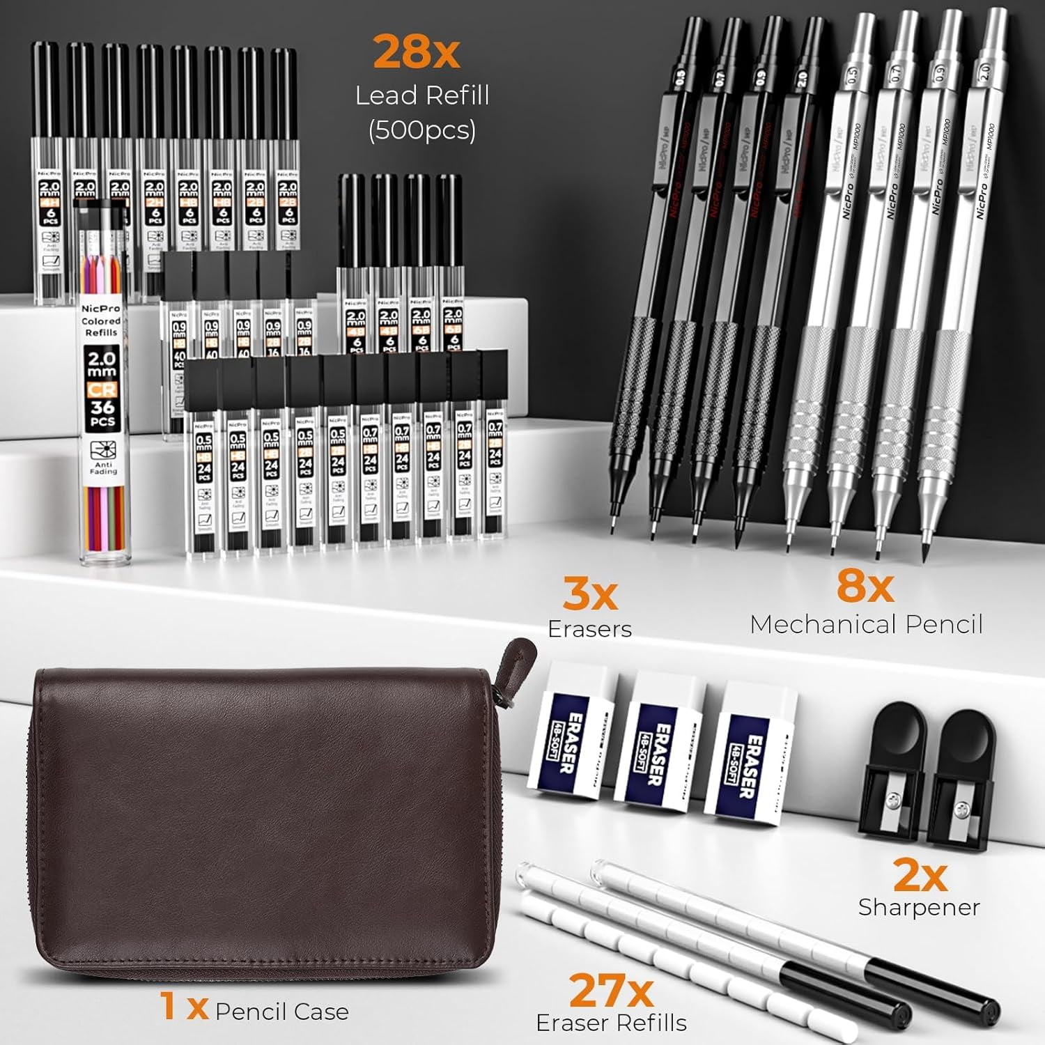 Nicpro 45PCS Black & Silver Metal Mechanical Pencil Set in Leather Case, Art Drafting Pencil 0.5, 0.7, 0.9 mm, 2mm Lead Holders for Sketching Drawing with 27 Tube (6B 4B 2B HB 2H 4H Colors)Lead Refil