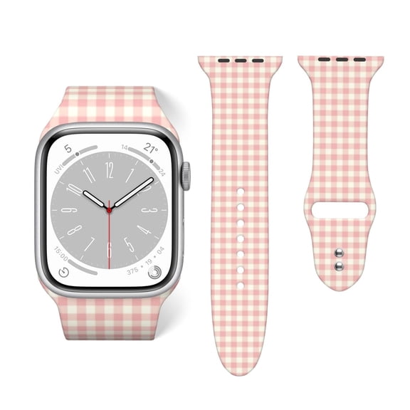 Powder Pink Gingham Cotton Soft Silicone Sport Band Replacement Strap For Apple Watch 38mm 40mm 42mm 44mm, Compatible With Series Se 7 6 5 4 3 2 1, For Women And Men