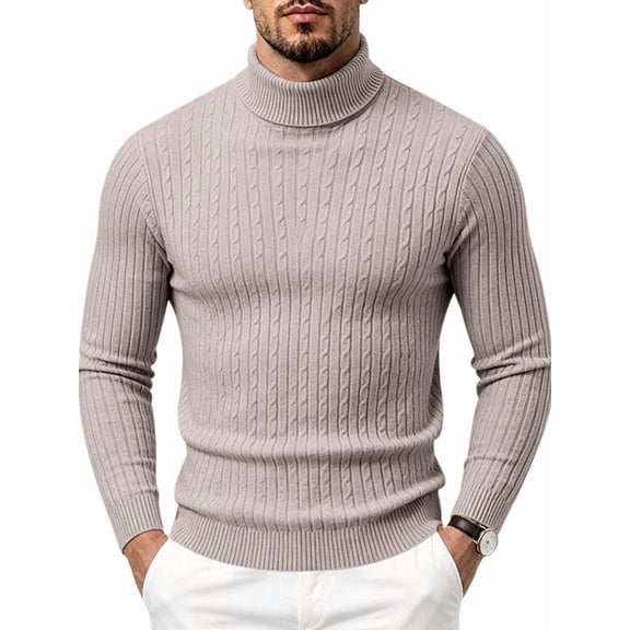 Men'S Roll Neck Cable Knit Long Sleeve Slim Fit Sweater Beige XXXL
