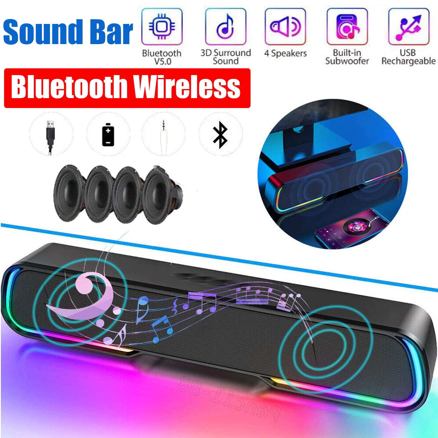 2 in 1 Bluetooth Computer Speakers for Desktop, USB Plug & Play Clear Sound PC Speakers with RGB Light, Monitor Sound Bar for PC Laptop Phone Tablet