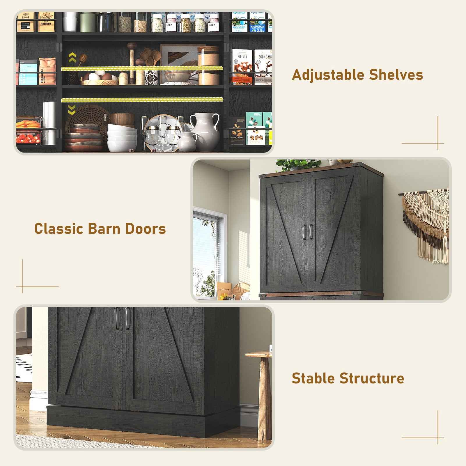 71" Tall Farmhouse Kitchen Pantry with 12 Side Shelves & Adjustable Shelves, 5 Layers Pantry Storage Cabinet w/Load-Bearing Steel Pipe & 4 Barn Doors for Kitchen, Dining Room, Living Room, Black
