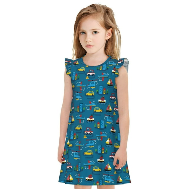 Vsdgher Transportations avec Bâtiments pour Filles Chemises de Nuit Manches Courtes à Volants Robe de Nuit Pyjama pour Fête Pyjama-Grand