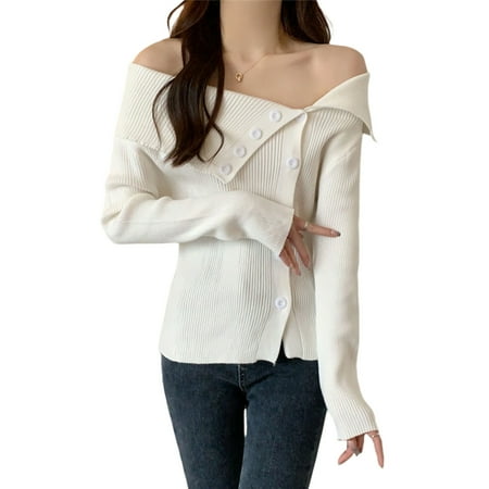 

Women Off The Shoulder Going Out Tops Solid Color Button Down Knitted Sweaters Casual Long Sleeve Pullover Top Gifts