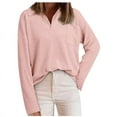 thumbnail image 2 of AXXD Womens Shirts Pink Basic Summer 2024 Loose Trendy Button Round-Neck Long Sleeve Casual T-shirt Top Solid Blouse, 2 of 6