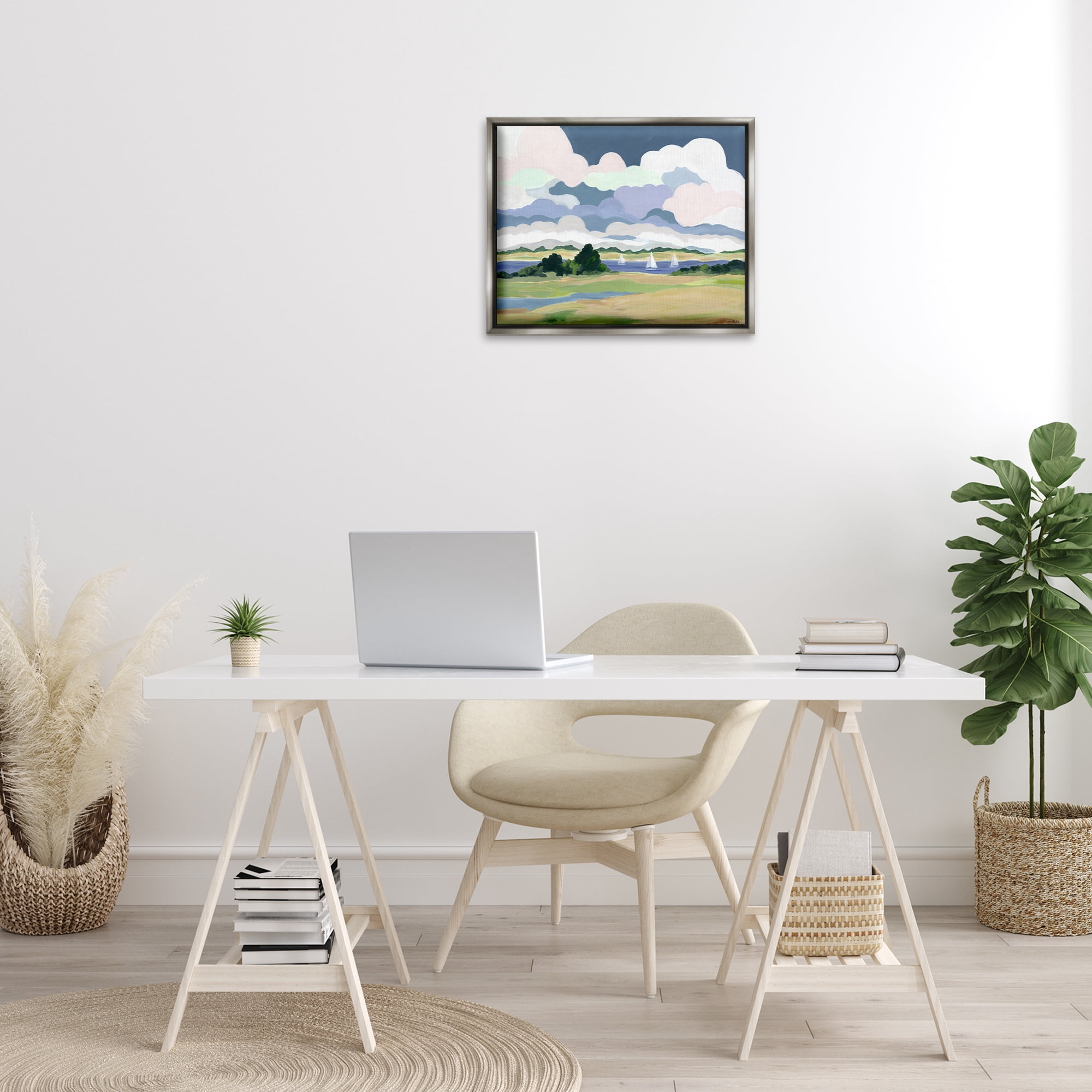 Stupell Industries Billowing Clouds Countryside Landscape & Nature Painting Gray Floater Framed Canvas Art Print Wall Art, 21 x 17